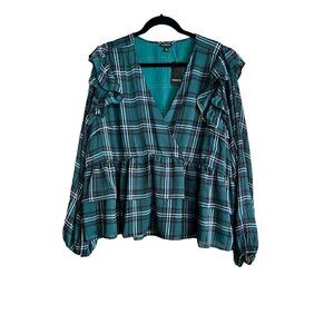 Torrid Women's 3, 3X, 22-24 Green Plaid Chiffon Ruffled Surplice Crop Top NWT *